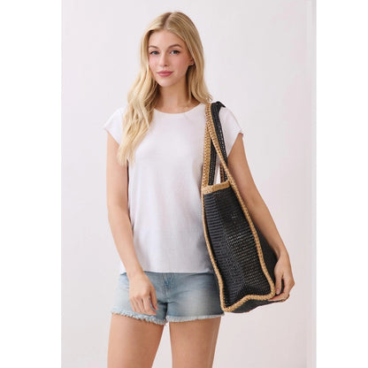 Two Tone Woven Straw Beach Tote Bag