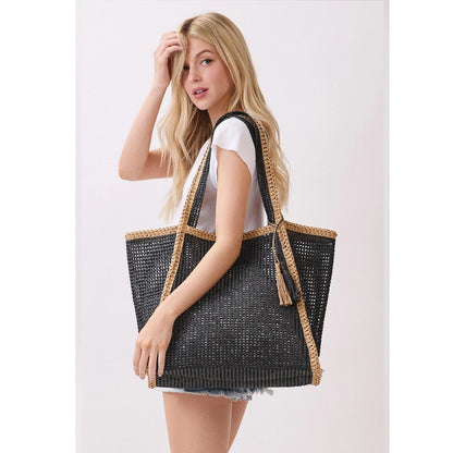 Two Tone Woven Straw Beach Tote Bag