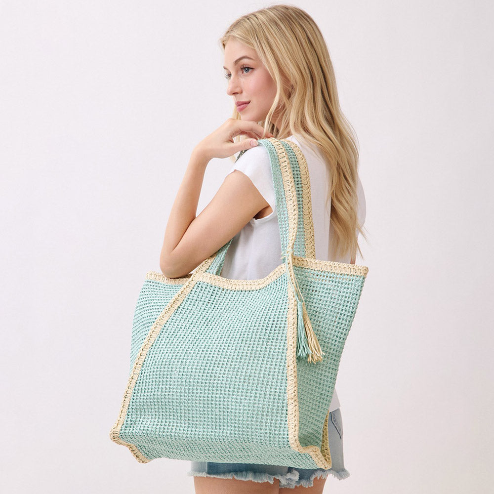 Two Tone Woven Straw Beach Tote Bag