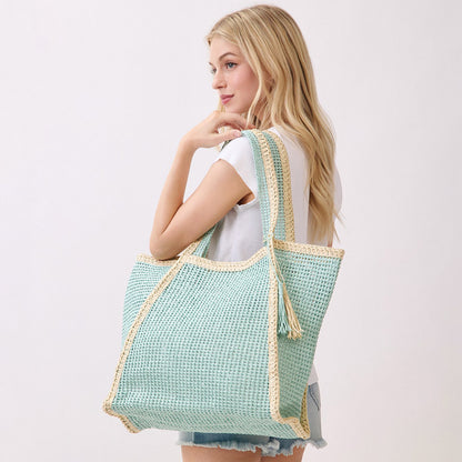Two Tone Woven Straw Beach Tote Bag