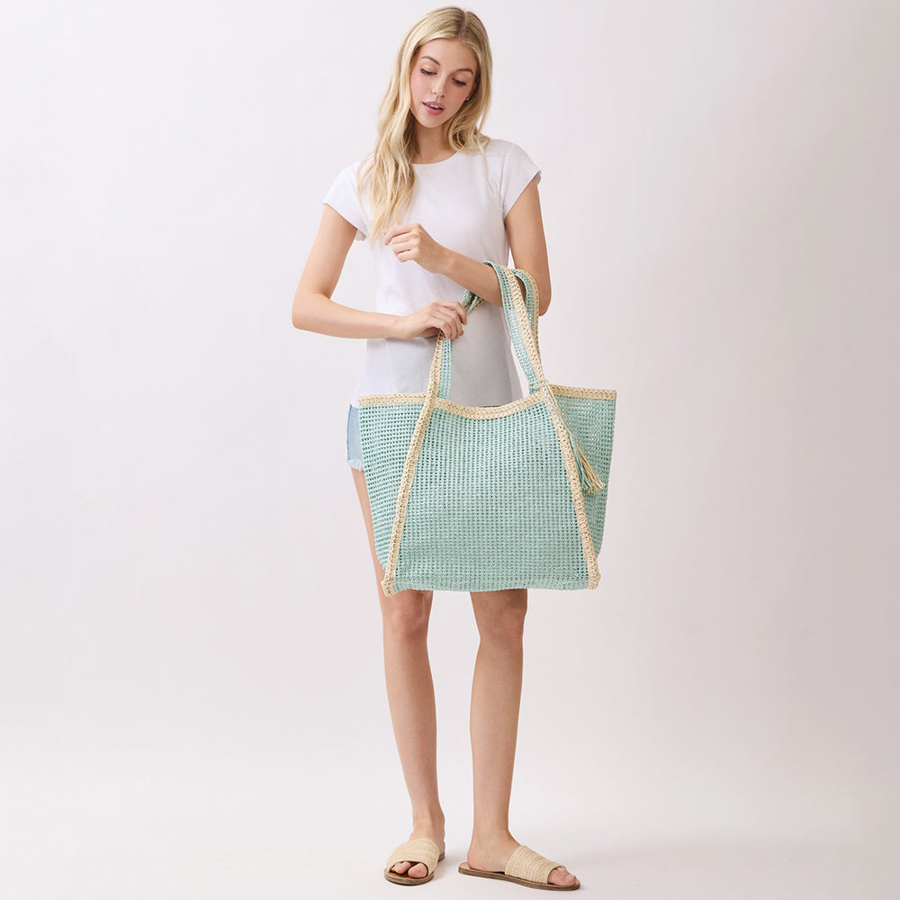 Two Tone Woven Straw Beach Tote Bag