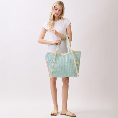 Two Tone Woven Straw Beach Tote Bag