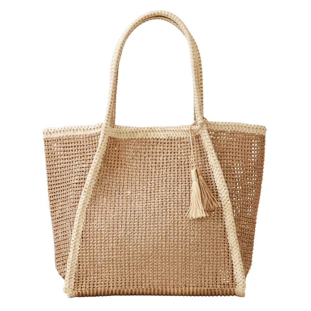 Two Tone Woven Straw Beach Tote Bag