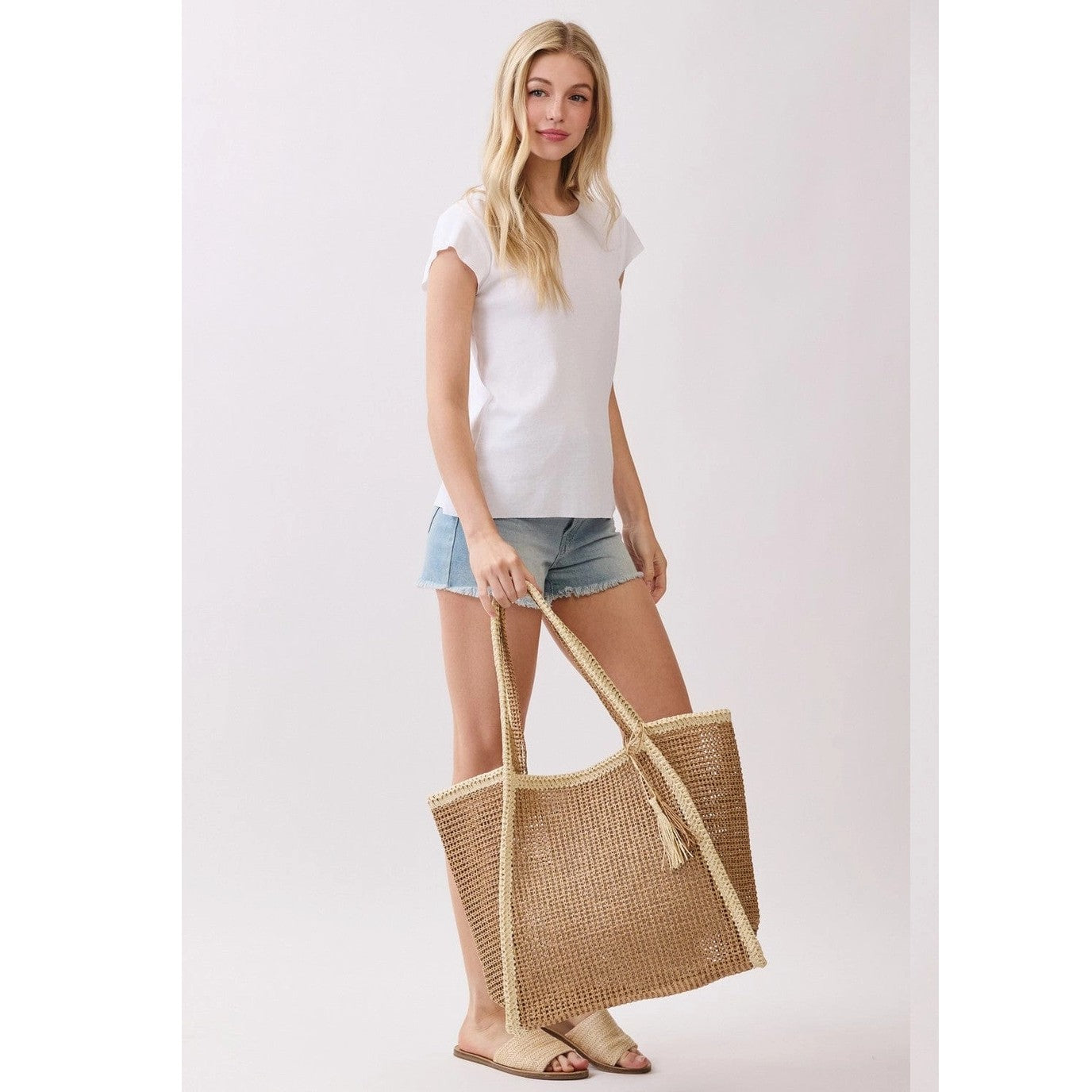 Two Tone Woven Straw Beach Tote Bag