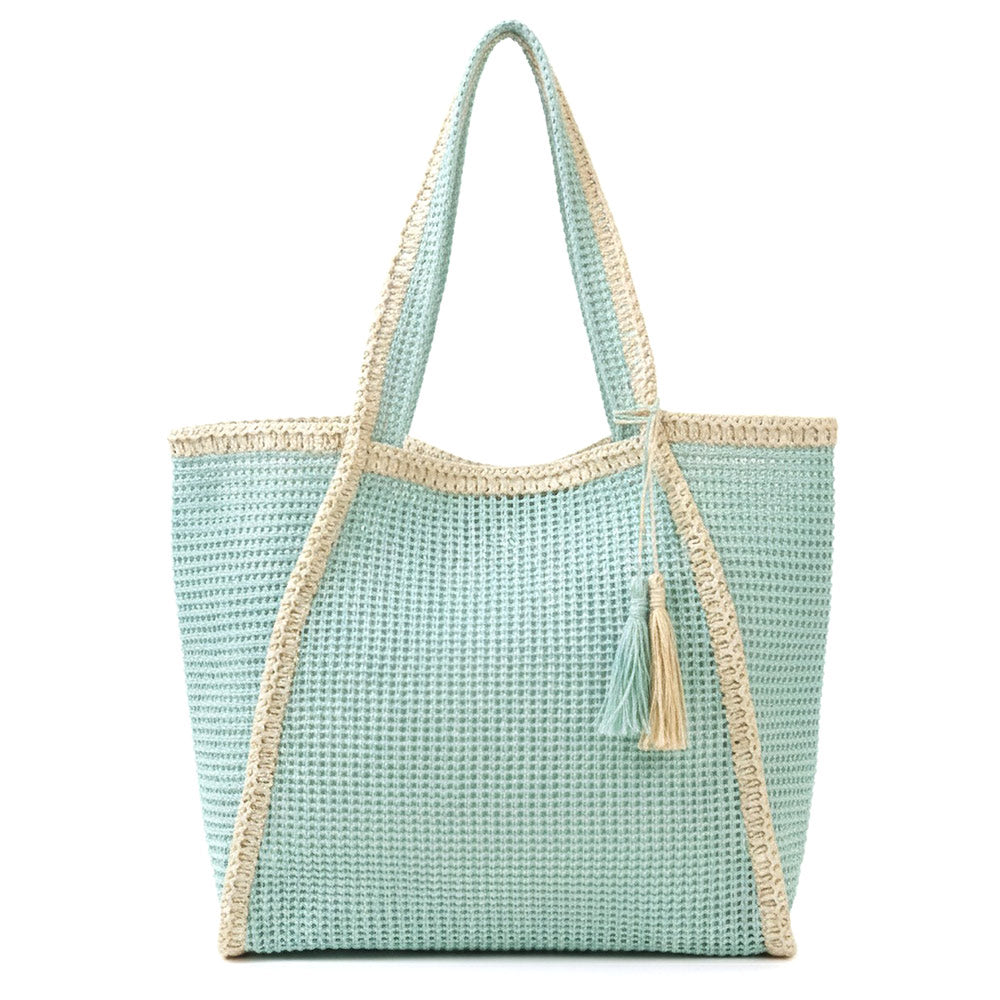 Two Tone Woven Straw Beach Tote Bag