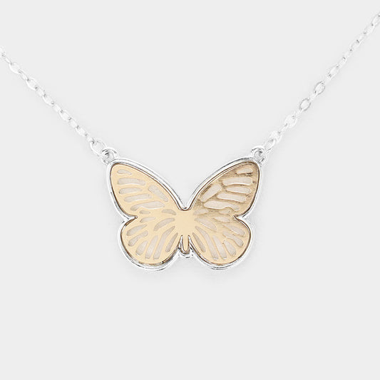 Two Tone Metal Butterfly Pendant Necklace (G&S)