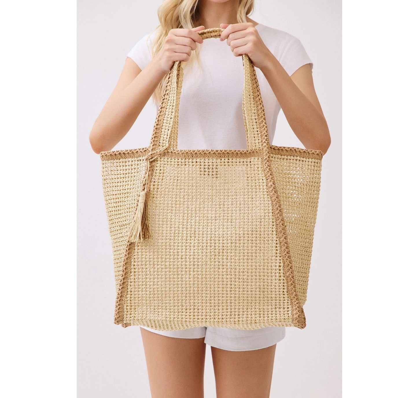 Two Tone Woven Straw Beach Tote Bag