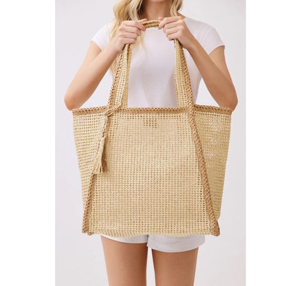 Two Tone Woven Straw Beach Tote Bag