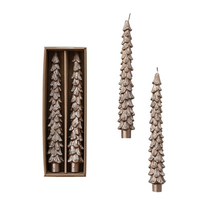 Two metallic gold pine tree shaped taper candles, with two inside a rectangular gift box and two displayed outside, on a plain white background.
