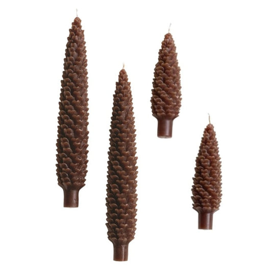 Pinecone Shaped Taper Candles feature rich brown color and dimensional woodland detail. Boxed set of 2, available in tall or short sizes.