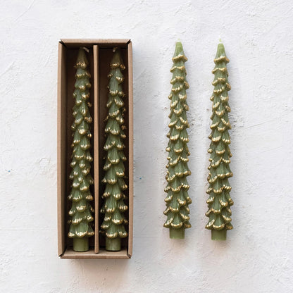 Pine Tree Shaped Taper Candles, Set of 2 (Evergreen with Gold Tips)
