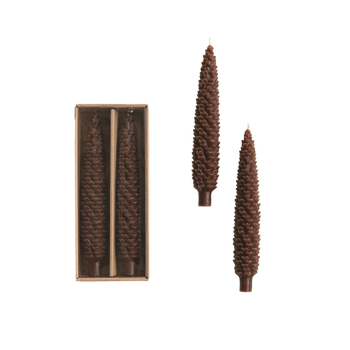Boxed set of two tall brown pinecone-shaped taper candles shown against a white background.