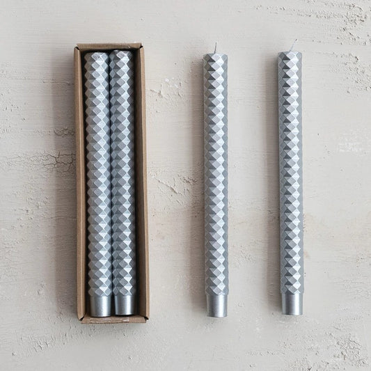 Silver Faceted Taper Candles in Box, Set of 2