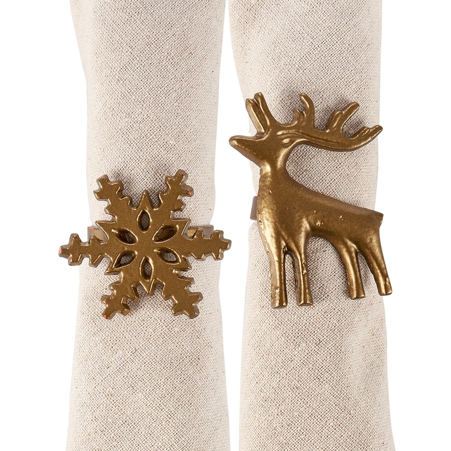 Gold Winter Napkin Rings (set of 4, Reindeer & Snowflakes)