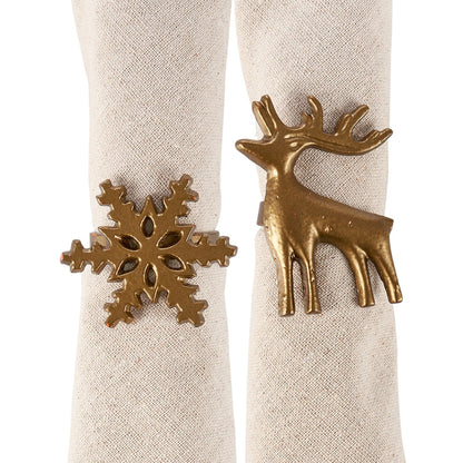 Gold Winter Napkin Rings (set of 4, Reindeer & Snowflakes)