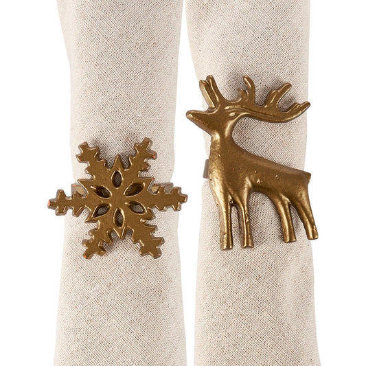 Gold Winter Napkin Rings (set of 4, Reindeer & Snowflakes)