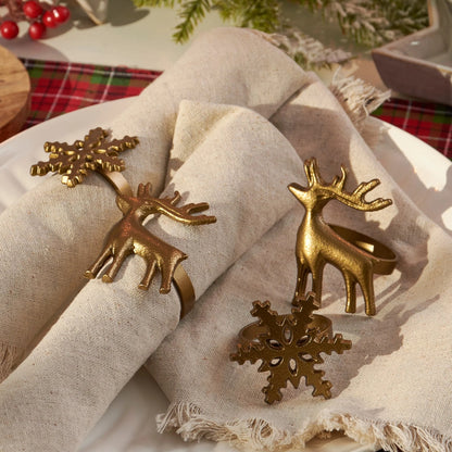 Gold Winter Napkin Rings (set of 4, Reindeer & Snowflakes)