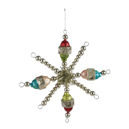 A decorative hanging ornament shaped like a six-pointed star or snowflake, made with silver-tone beads and glass beads in red, green, blue, and peach, shown on a plain white background.