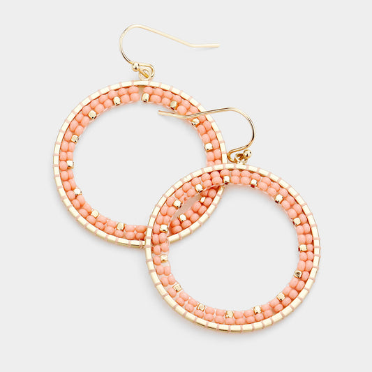 Wire Wrapped Bead Open Metal Circle Dangle Earrings (Pink)