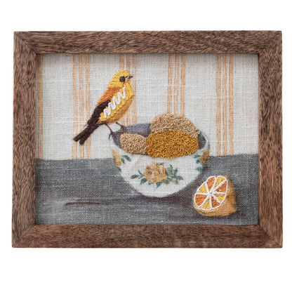 Framed Embroidered Bird with Fruit Wall Art