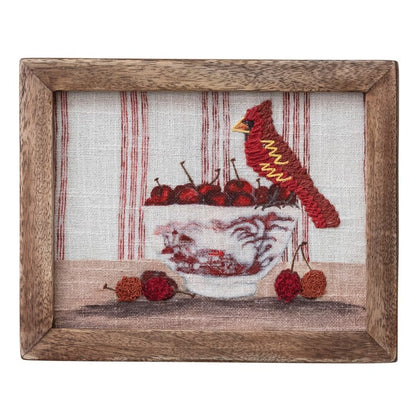 Framed Embroidered Bird with Fruit Wall Art