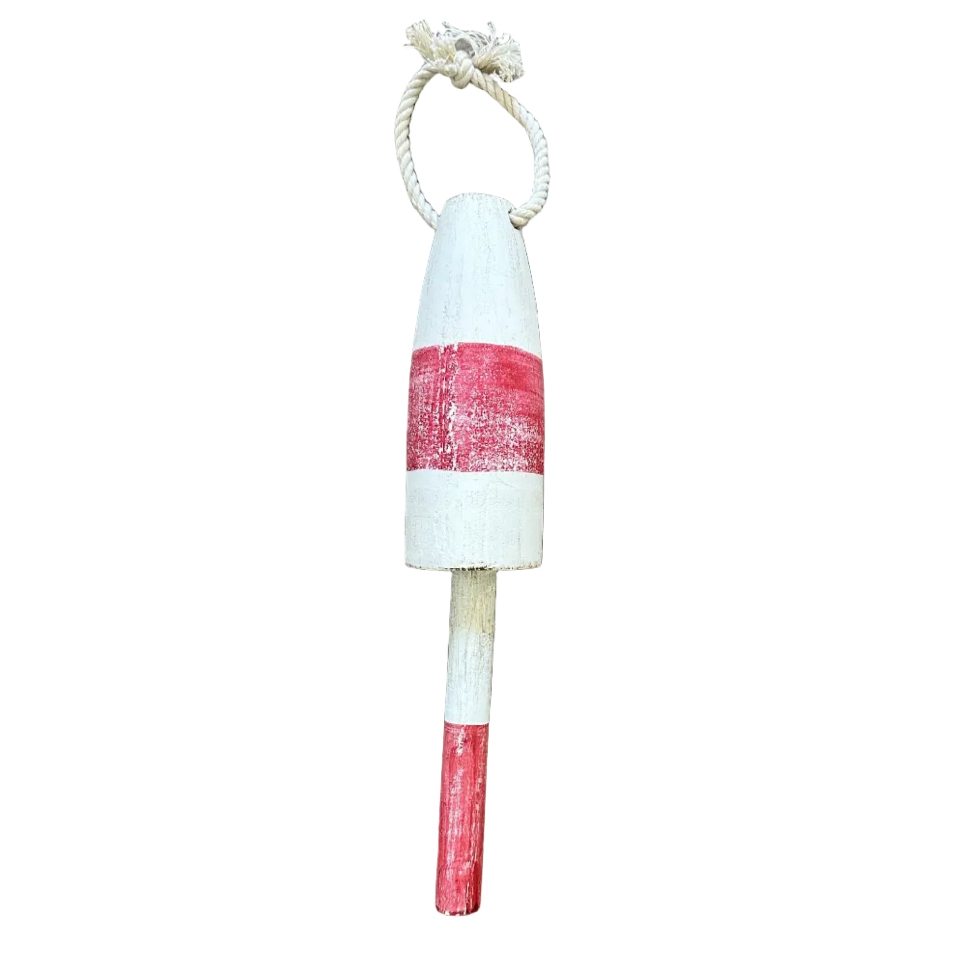 Decorative buoy with red and white stripes on a wooden surface