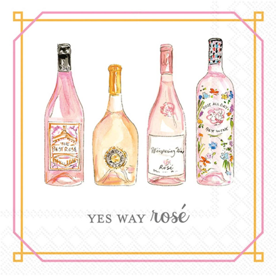 Four bottles of Rose wine on paper napkins with 'YES WAY Rosé' written on a white background.