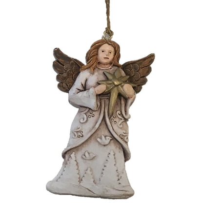 A carved look Christmas tree ornament featuring an angel holding a star, with a white and brown color scheme and a twine string hanger.