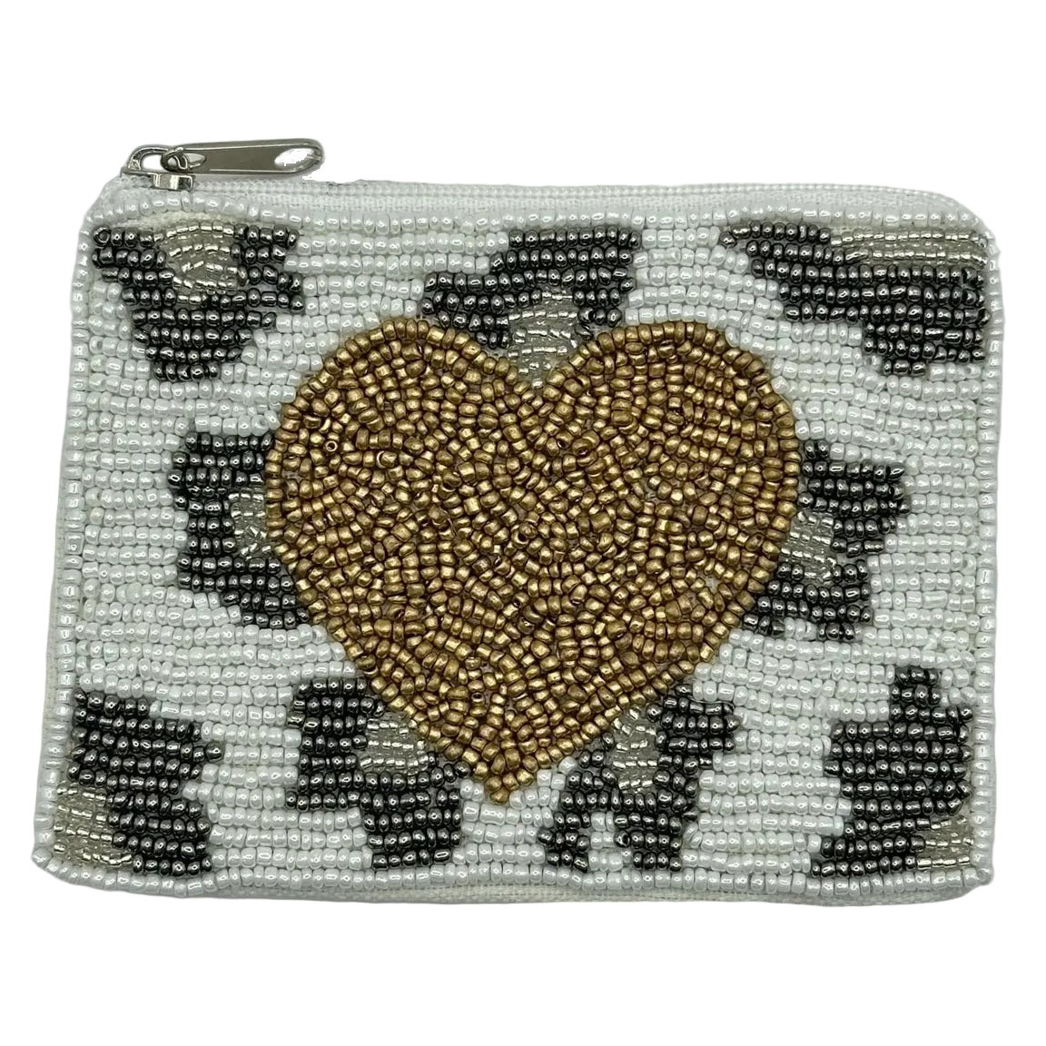 Beaded pouch with a gold heart design on a white background