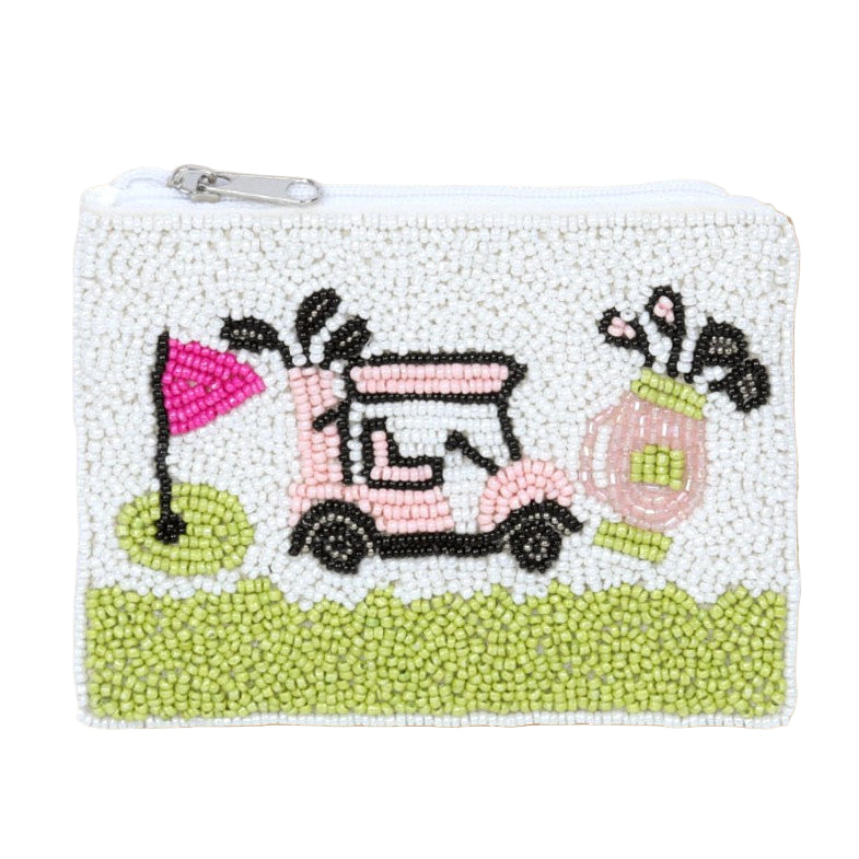 Beaded pouch with golf-themed design on a beige background