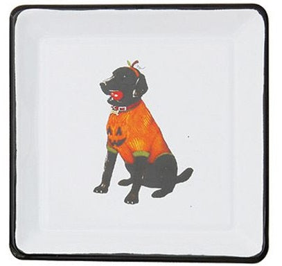A 5 inch square enamel tin with a image of a dog wearing a pumpkin costume.