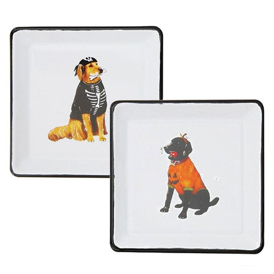 Enamel Square Dishes with Dogs in Halloween Costumes