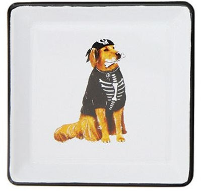A square enameled metal plate with an image of a dog dressed in a pirate skeleton costume.