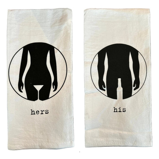 “His & Hers” Bar Towels – Cheeky Flour Sack Kitchen Towel (sold individually)