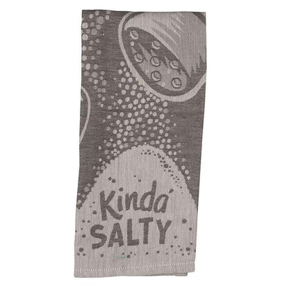A rectangular kitchen towel with a gray and white graphic print of a salt shaker and the words 'Kinda SALTY' in a retro font, shown against a plain white background.