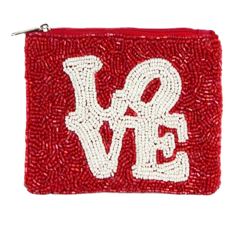 "Love" Seed Beaded Coin Purse - Zippered Pouch
