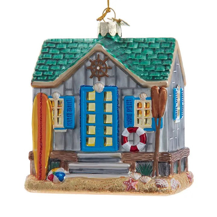 Beach Boat House Glass Christmas Tree Ornament