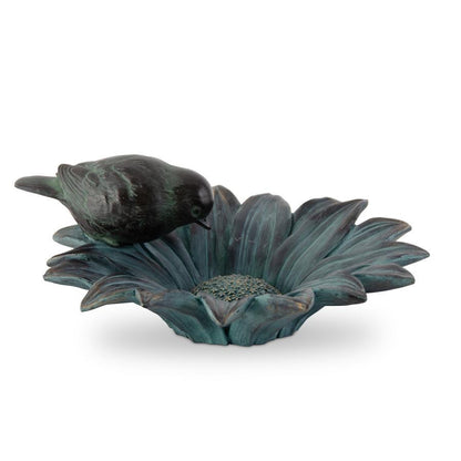 Charming sunflower bird feeder bowl in patina green with gold highlights. Features sculpted petals and a perched bird for whimsical garden décor.
