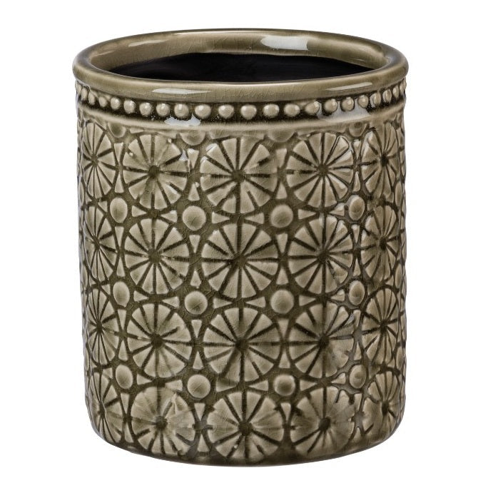 Tall taupe stoneware planter with a raised medallion pattern and beaded rim. A richly textured neutral pot for houseplants, herbs and greenery.