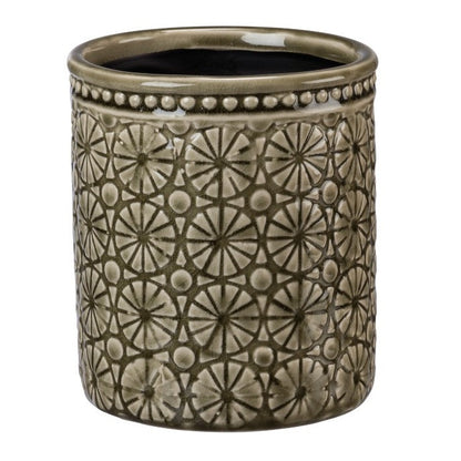 Tall taupe stoneware planter with a raised medallion pattern and beaded rim. A richly textured neutral pot for houseplants, herbs and greenery.