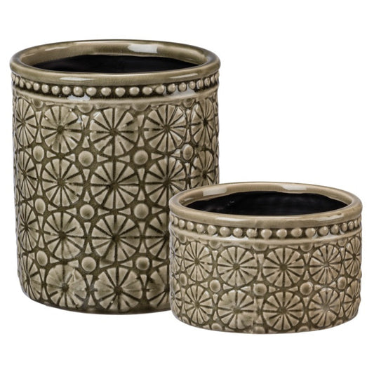 Taupe textured stoneware planters with raised medallion designs and beaded rims. Available in tall and short sizes and sold separately.