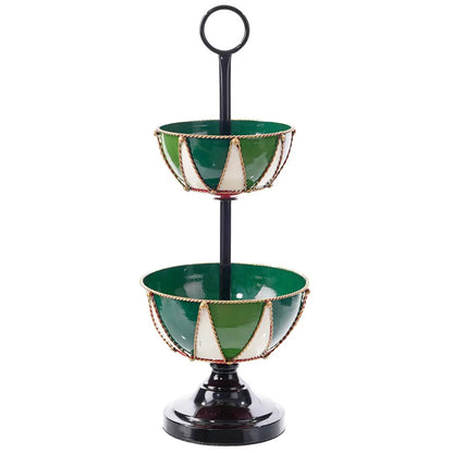 Black stand with two graduated bowls, green interiors, and green and white exteriors.