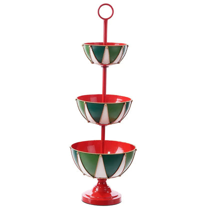 Three-Tier Bowl Stand: Red stand with three graduated bowls, red interiors, and green and white exteriors.