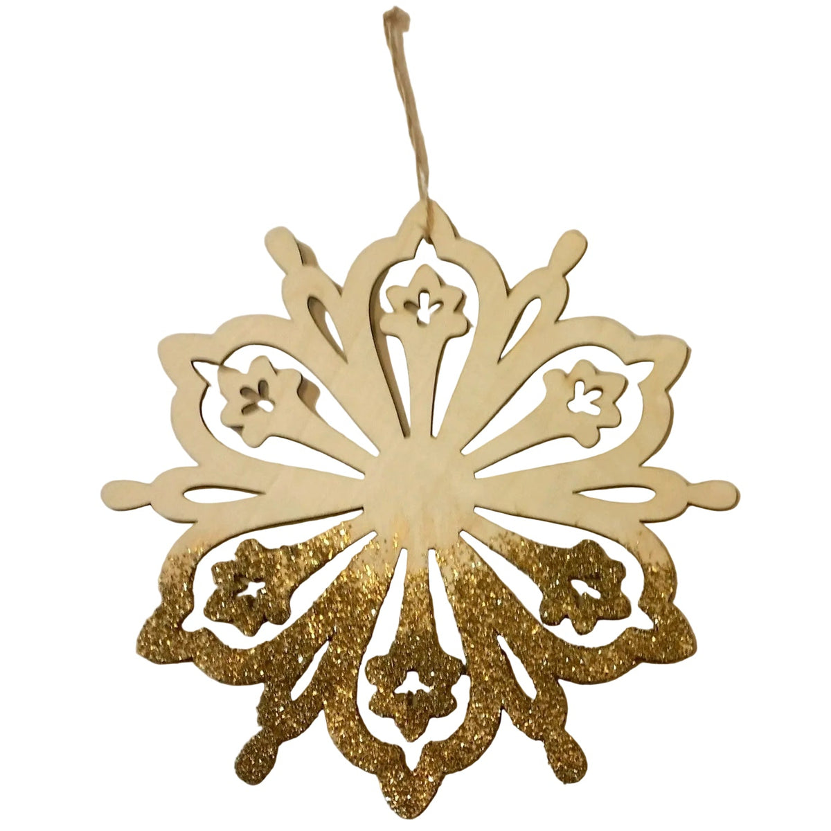 Large wooden snowflake Christmas tree ornament with gold glitter—festive, elegant décor perfect for holiday sparkle.