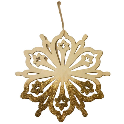 Large wooden snowflake Christmas tree ornament with gold glitter—festive, elegant décor perfect for holiday sparkle.