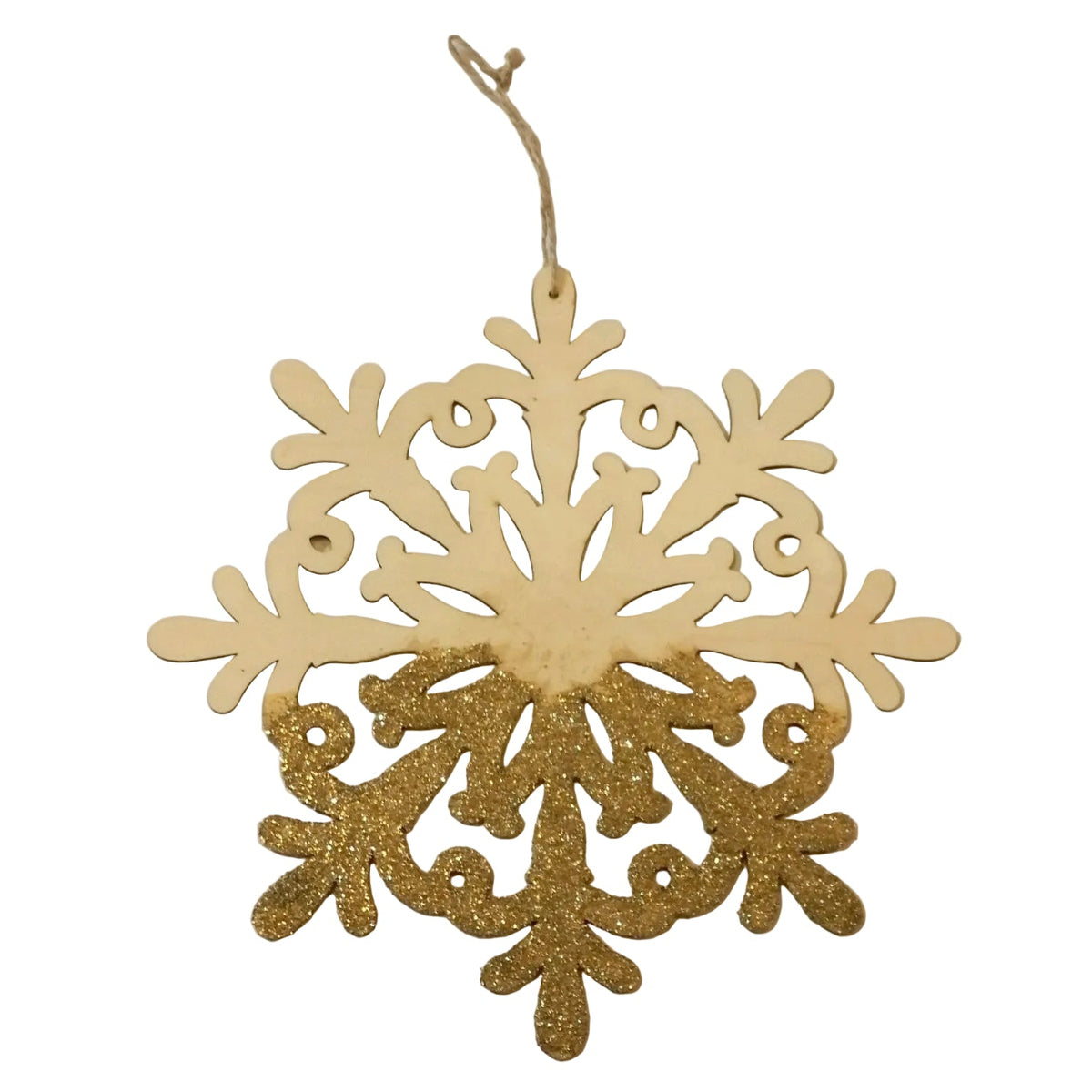 A gold glitter snowflake ornament with a natural wood top section and a hanging twine loop, shown on a plain white background.
