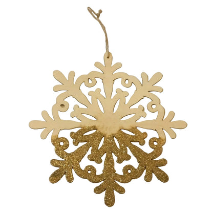 A gold glitter snowflake ornament with a natural wood top section and a hanging twine loop, shown on a plain white background.