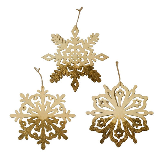 Large wooden snowflake Christmas tree ornament with gold glitter—festive, elegant décor perfect for holiday sparkle.