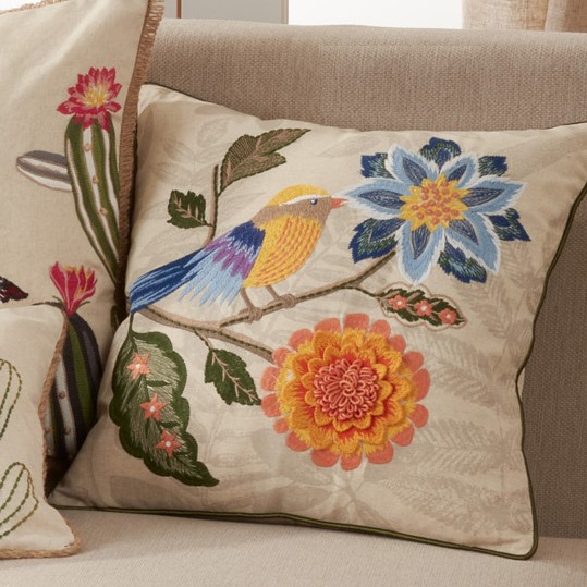 18" Embroidered Bird and Flower Pillow 