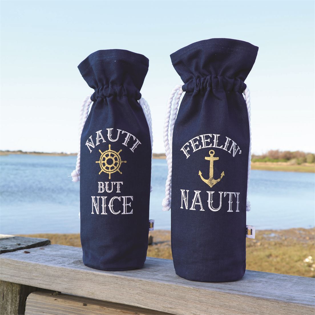 Nautical Wine Gift Tote Bag (Nauti But Nice, Ship's Wheel) – Salty